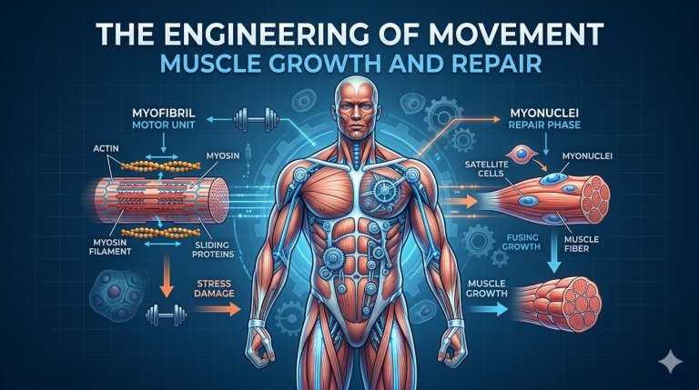 Infographic about The Engineering of Movement and muscle physiology, illustrating the damage-repair cycle and the importance of physical activity for health.