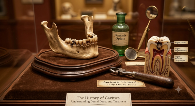 Museum display showcasing the history of cavities, featuring antique dental tools and an anatomical tooth model.