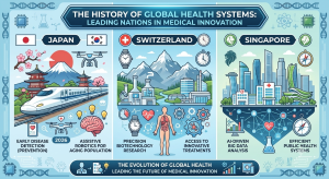 The History of Global Health Systems infographic highlighting medical innovation leaders like Japan, Switzerland, and Singapore.