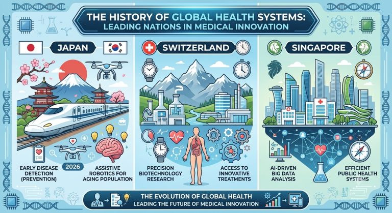 The History of Global Health Systems infographic highlighting medical innovation leaders like Japan, Switzerland, and Singapore.