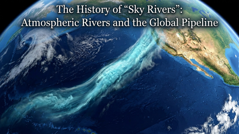 A satellite visualization of Earth showing a massive Atmospheric River, an invisible column of water vapor, transporting moisture across the Pacific Ocean toward the coast