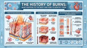 A detailed infographic diagram summarizing the history of burns, physiological response, classification methods, and key clinical consequences.
