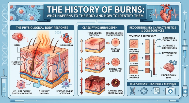 A detailed infographic diagram summarizing the history of burns, physiological response, classification methods, and key clinical consequences.