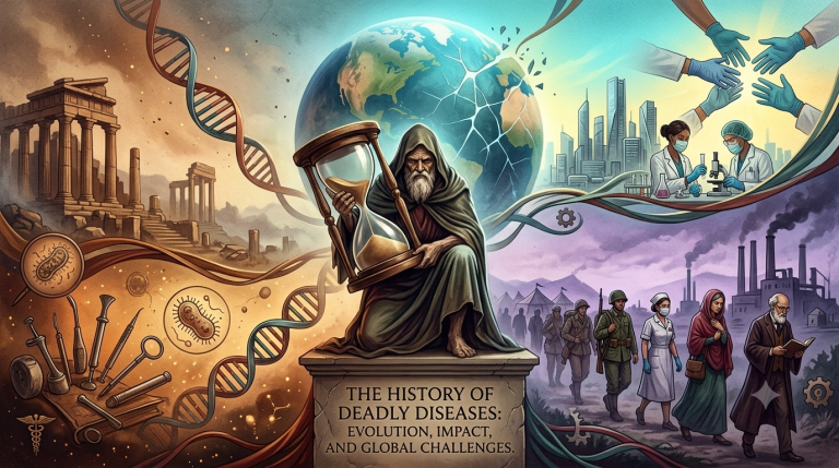 Symbolic illustration depicting the history of deadly diseases, showcasing the evolution of medicine, global health impacts, and modern research challenges.