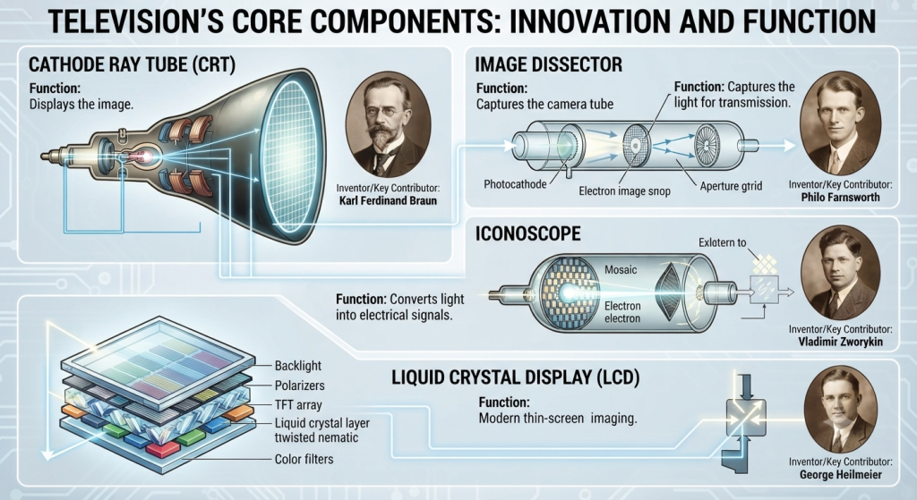 An infographic detailing television components and their inventors.
