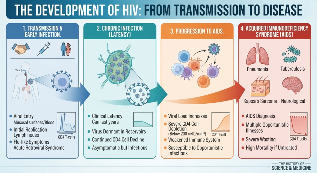 Infographic detailing the four stages of HIV development: Transmission, Chronic Infection, Progression, and AIDS.