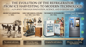 Infographic showing the evolution of the refrigerator through history.