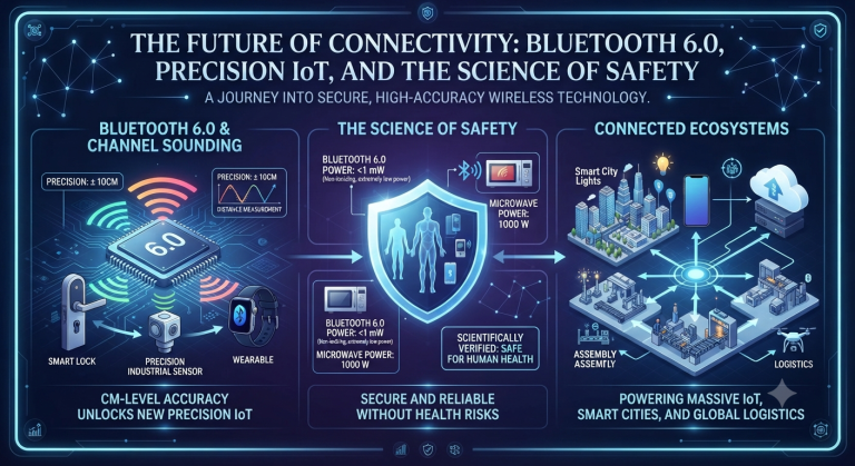 Infographic illustrating Bluetooth 6.0 technology for precision IoT and safety.