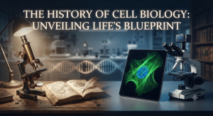 A professional representation of the history of cell biology in a laboratory setting.