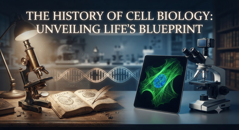 A professional representation of the history of cell biology in a laboratory setting.