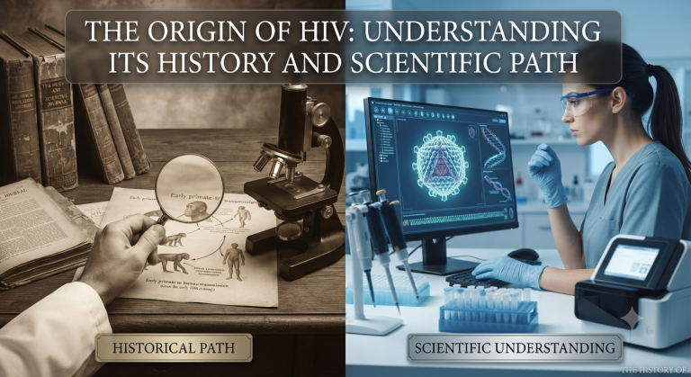 Split-panel photograph illustrating the historical path and modern scientific understanding of the origin of HIV.
