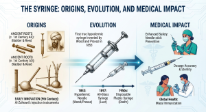Infographic timeline titled The Syringe: Origins, Evolution, and Medical Impact, detailing the history and clinical benefits of the syringe.