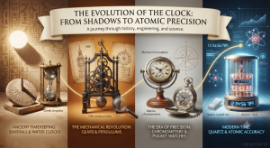 Infographic showing the evolution of the clock from ancient sundials to modern atomic precision clocks.