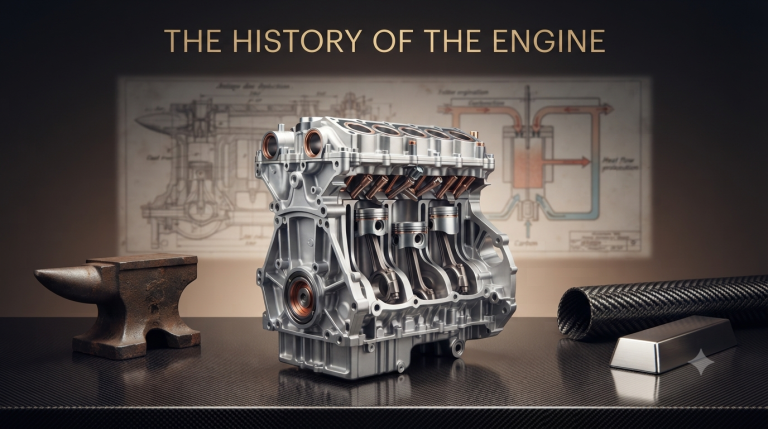 Historical infographic contrasting the history of the engine, from the early industrial steam engine to modern high-performance precision engineering.
