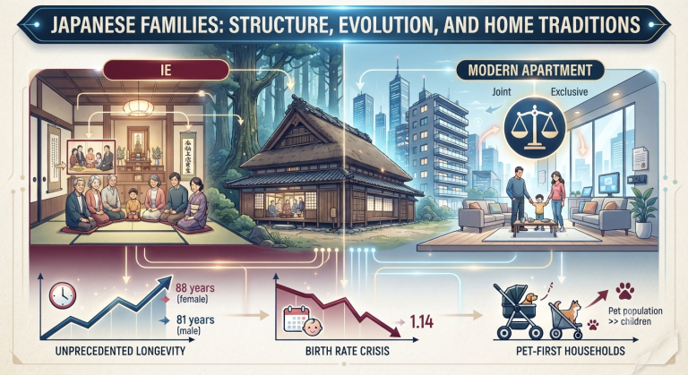 Infographic detailing the evolution of Japanese families, contrasting the traditional ie system with modern households, featuring longevity data and the "pet-first" trend.