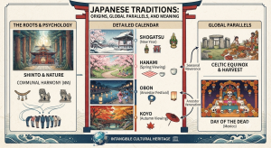 Infographic detailing essential Japanese traditions, their psychological roots, seasonal calendar, and global cultural parallels.