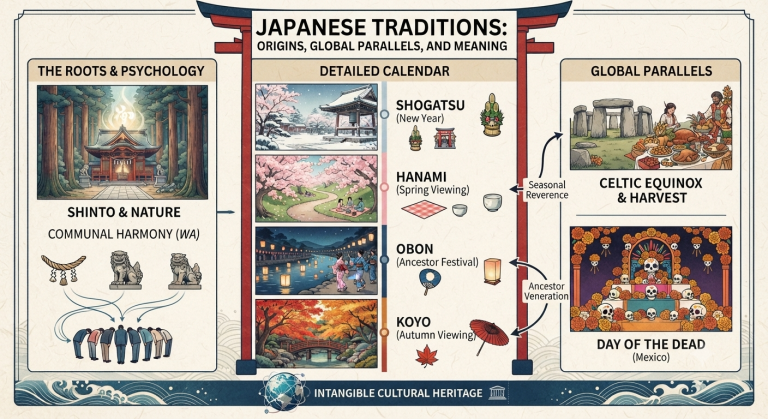 Infographic detailing essential Japanese traditions, their psychological roots, seasonal calendar, and global cultural parallels.