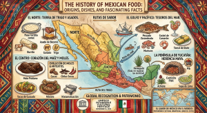 Illustrated map and visual guide for The History of Mexican Food: Origins, Dishes, and Fascinating Facts, highlighting culinary regions, ancestral ingredients, and iconic dishes.