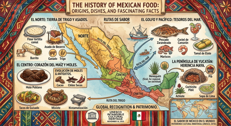 Illustrated map and visual guide for The History of Mexican Food: Origins, Dishes, and Fascinating Facts, highlighting culinary regions, ancestral ingredients, and iconic dishes.