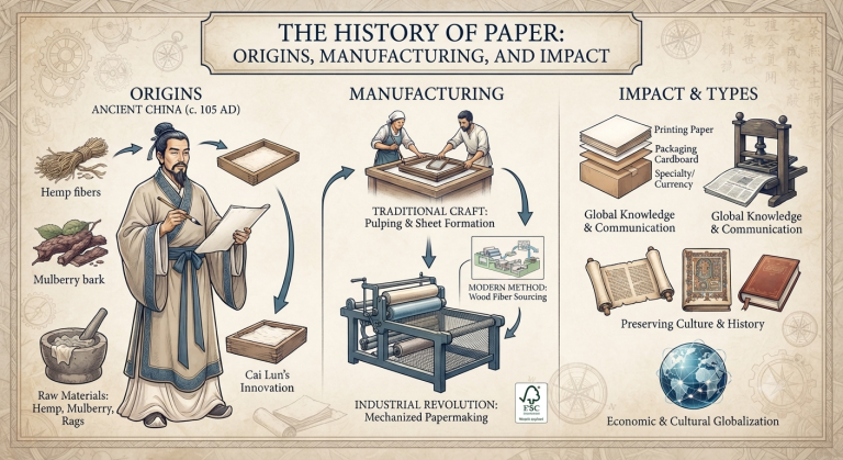Infographic timeline detailing the history of paper, its origins in ancient China, manufacturing evolution, and global impact.