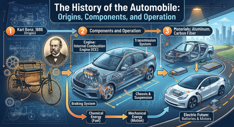 An infographic illustrating the history of the automobile, from Karl Benz's 1886 vehicle through the mechanics of internal combustion, to modern electric cars and future materials.
